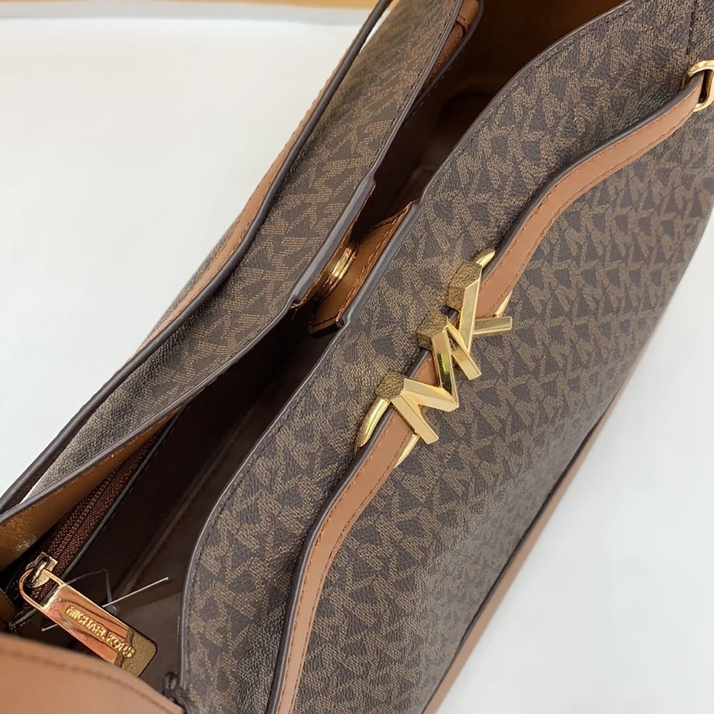 MICHAEL KORS REED  Large BELTED Logo Tote Bag BROWN SIGNATURE COLOR